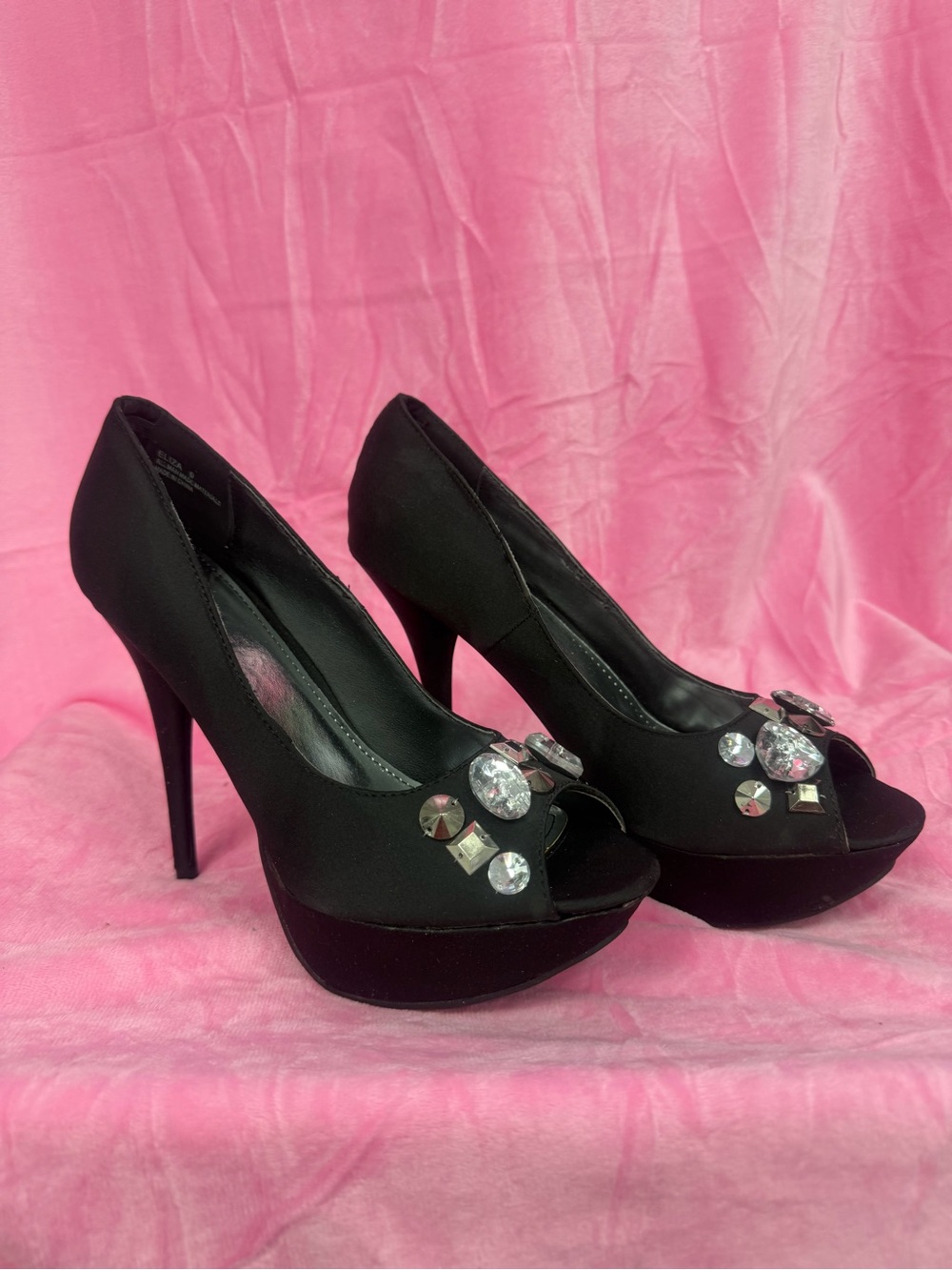 Black Embellished Peep-Toe Platform Heels